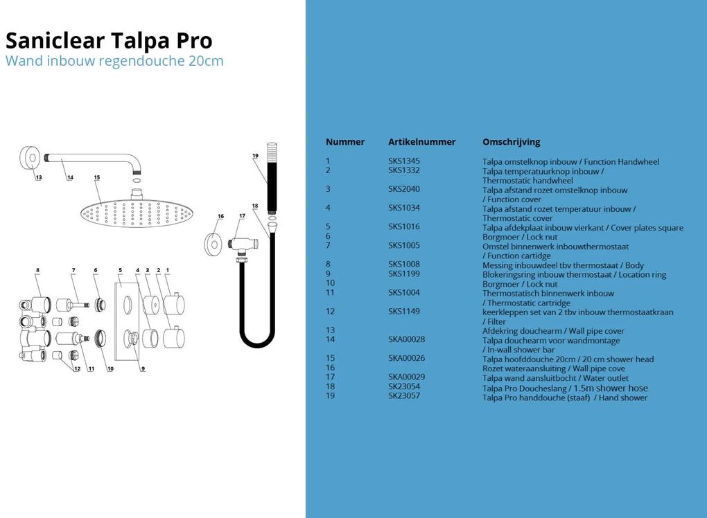 Saniclear Talpa Pro inbouwregendouche 20cm met wandarm chroom