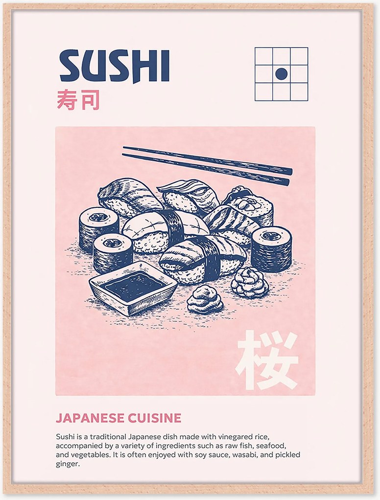 Ingelijste digitale print Sushi, handgemaakt