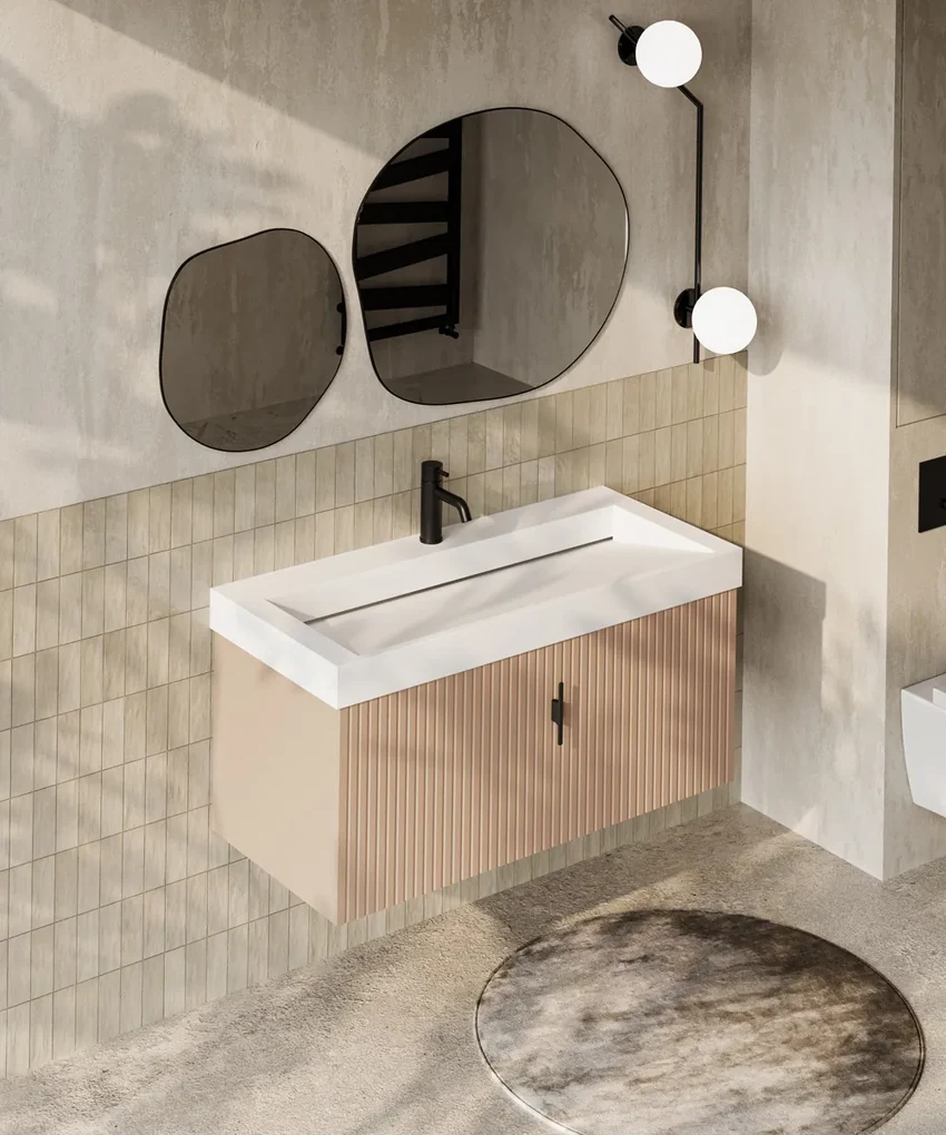Muebles Calas badmeubel ribbelfront 100cm macchiato met solid surface wastafel met kraangat