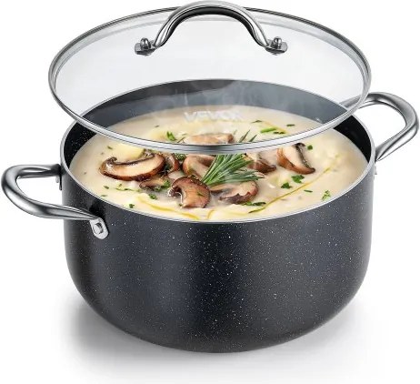 VEVOR 7,6L soeppan van aluminiumlegering met antiaanbaklaag, glazen deksel, PFOA- en PFAS-vrij, geschikt voor gas-, inductie- en elektrische fornuizen, ideaal voor soepen, stoofschotels en pasta.
