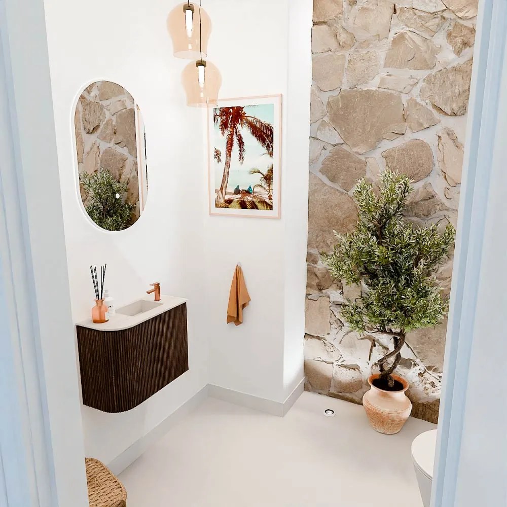 Mondiaz Joya DLux 50cm toiletmeubel ronding links walnut met wastafel faye rechts 1 kraangat meli