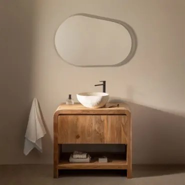 Vacry Houten Badkamermeubelset Acacia Bruin & Ovaal Led En Anticondens 100x80 Cm Riben & ↔︎ 90 Cm & Mat Zwart ↑30 Cm Met Aftapkraan Zond - Sklum