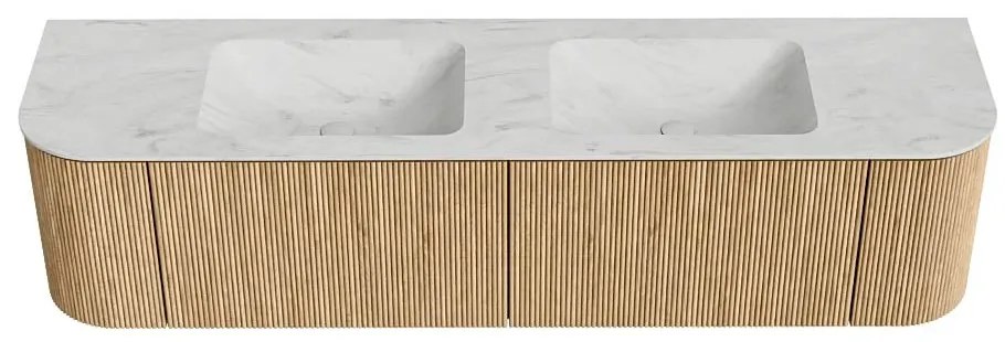 Mondiaz Kurve-dlux 180cm badmeubel ronding links/rechts oak met 2 lades en deuren en wastafel leaf dubbel 2 kraangaten opalo