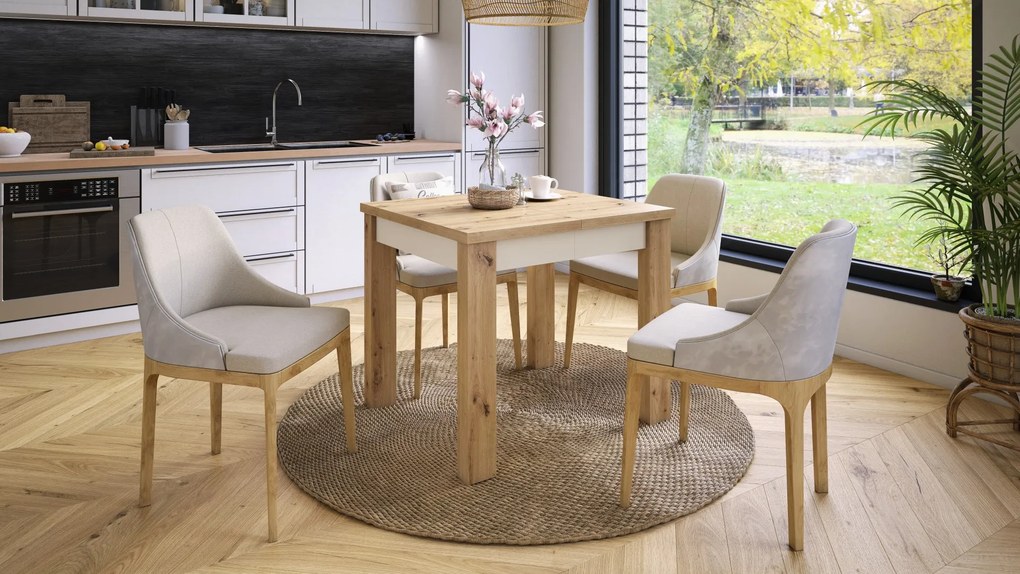 FONTE Eikenhout Artisan / beige - KLASSIEKE KEUKEN- /WOONKAMERTAFEL 85x75 UITKLAPBAAR TOT 130 cm!