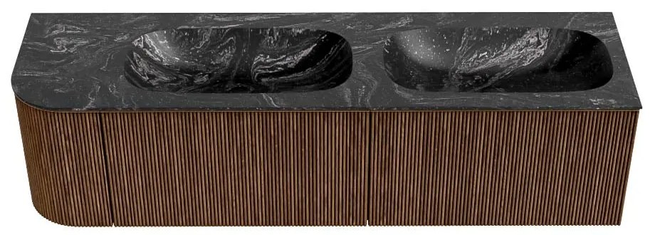 Mondiaz Kurve-dlux 165cm badmeubel ronding links walnut met 2 lades en 1 deur en wastafel stor small dubbel/rechts zonder kraangat lava