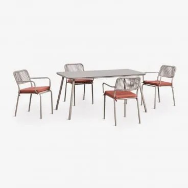 Rechthoekige Eettafelset 160x90 Cm Met 4 Stapelbare Eetkamerstoelen Van Gevlochten Touw Arhiza Mokka Bruin - Terracotta - Sklum