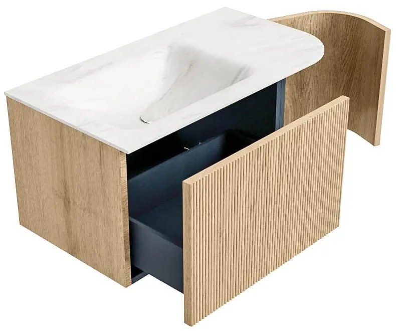 Mondiaz Kurve-dlux 85cm badmeubel ronding rechts oak met 1 lade en deur en wastafel cloud links zonder kraangat ostra