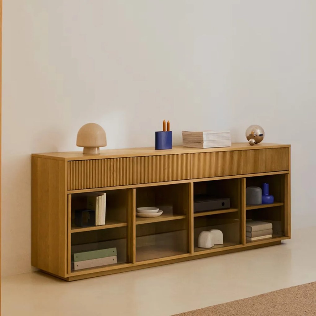 Kave Home Helvine Dressoir Eiken Met Glazen Schuifdeuren - 200x40x80cm.