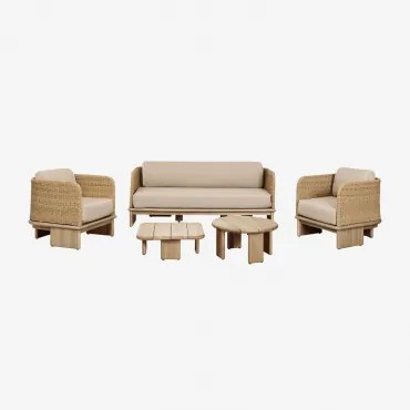 Tuinset Met 3-zitsbank, 2 Fauteuils En 2 Salontafels In Rotan En Acaciahout Famara Lichte Acaciekleur - Sklum