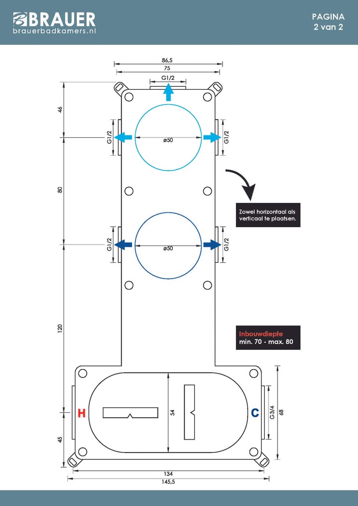 Brauer Stripe inbouwthermostaat met 2 stopkranen messing geborsteld PVD