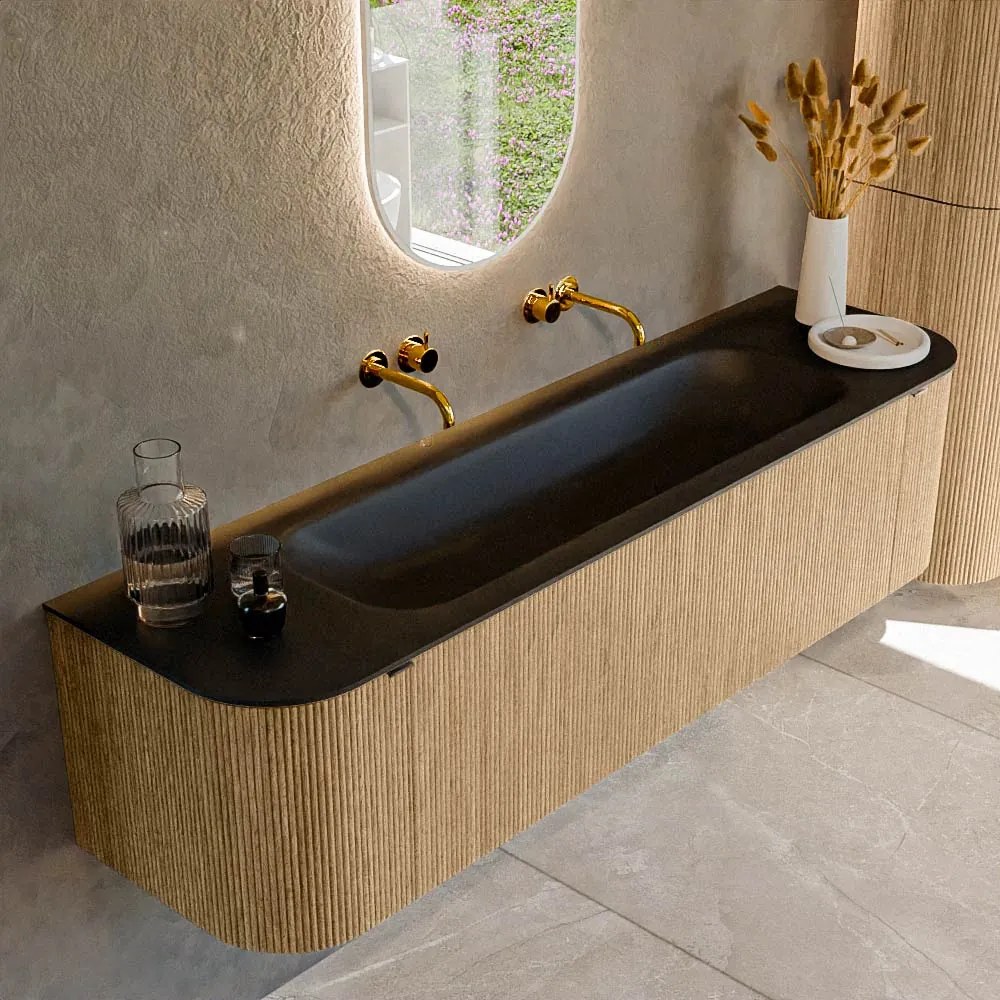 Mondiaz Kurve 170cm badmeubel ronding links/rechts oak met 1 lade en 2 deuren en wastafel big large midden zonder kraangat urban