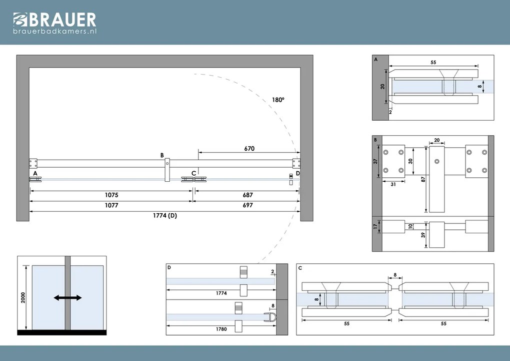 Brauer Void profielloze nisdeur 180cm met draaideur 70cm aan glas chroom