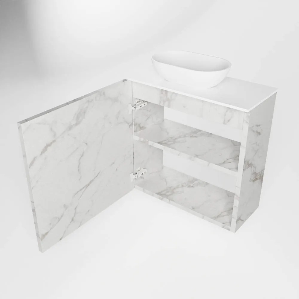 Mondiaz Fowy toiletmeubel 50cm Carrara met witte waskom links en kraangat