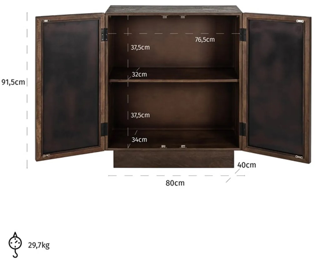 Richmond Interiors Bryant Wandkastje Donkerbruin Mangohout Met Spiegel - 80x40x91.5cm.