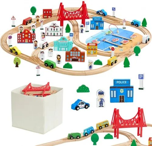 VEVOR houten treinset, 113 onderdelen, treinspeelgoed met opbergdoos, stadstrein speelset, compatibel met de meeste merken, kerst- en verjaardagscadeau voor kinderen vanaf 3 jaar