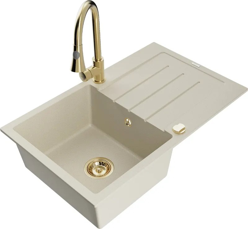 Mexen Bruno granieten spoelbak 1-komorige met afdruipblad en keukenmengkraan Elia, beige - 6513-69-670101-50