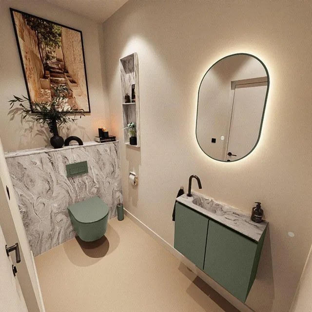 MONDIAZ TURE-DLUX 60cm toiletmeubel Army. EDEN wastafel Glace positie links. Met 1 kraangat. TUREDX60ARML1GLA