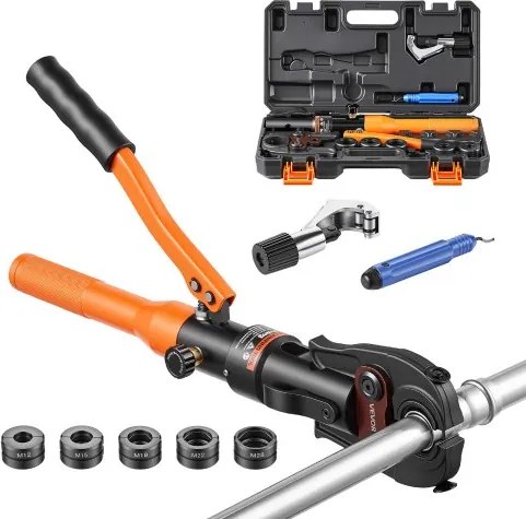 VEVOR hydraulische pijpkrimptang met 5 M-bekken, handmatige krimptang voor roestvrijstalen en koperen buizen, incl. M12 M15 M18 M22 M28 contourset, met pijpsnijder, ontbraamgereedschap en draagtas.