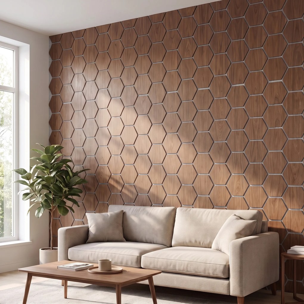 Hexagon Panel Walnoot met Grijs Vilt 81CM | Akoestisch | Wanddecor | Zeshoekig- Grijs vilt
