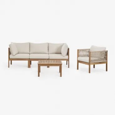 Woonkamerset Met 3-delige Modulaire Bank Met Armleuningen, Fauteuil En Salontafel Van Branson Acaciahout Wit Gardenia - Bruin Acacia - Sklum
