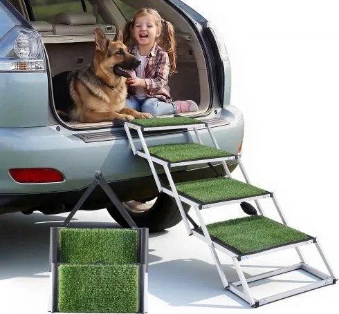 VEVOR Opvouwbare 4-treden hondenoprijplaat voor in de auto, extra brede hondenoprijplaat voor grote honden met antislipoppervlak, draagbaar hulpmiddel voor toegang tot auto, SUV, vrachtwagen, hoogslaper, bank, draagvermogen tot 90 kg