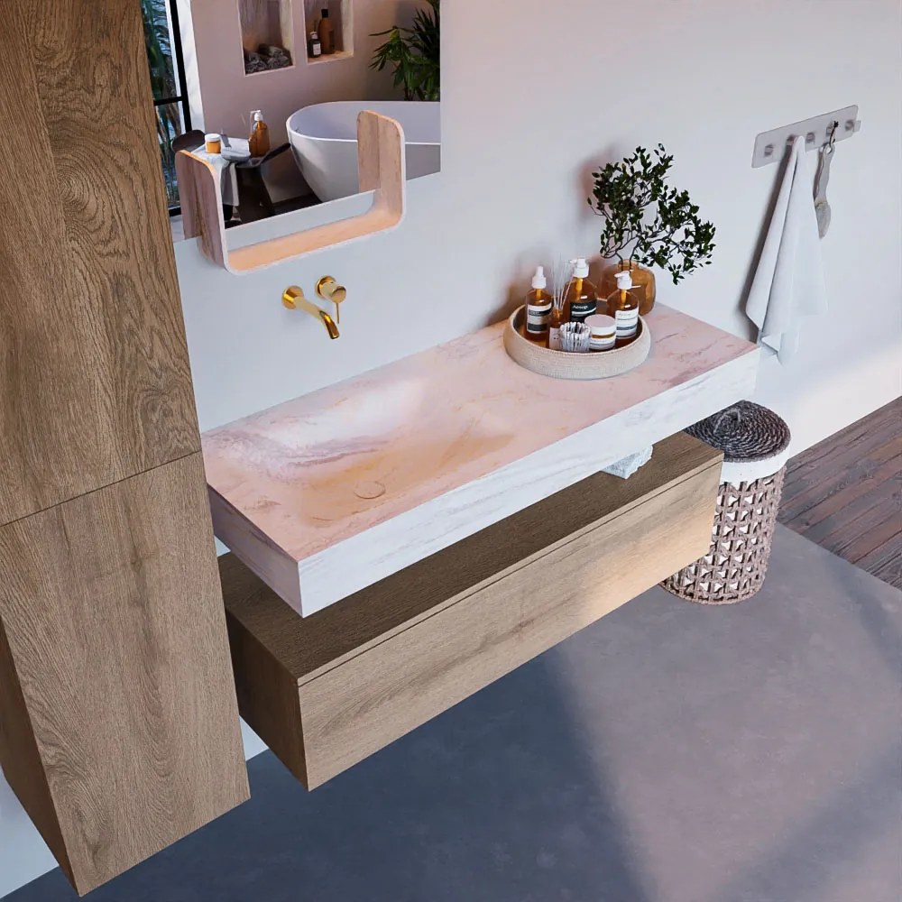 Mondiaz Alan DLux badmeubel 120cm washed oak 1 lade met wastafel ostra links zonder kraangat