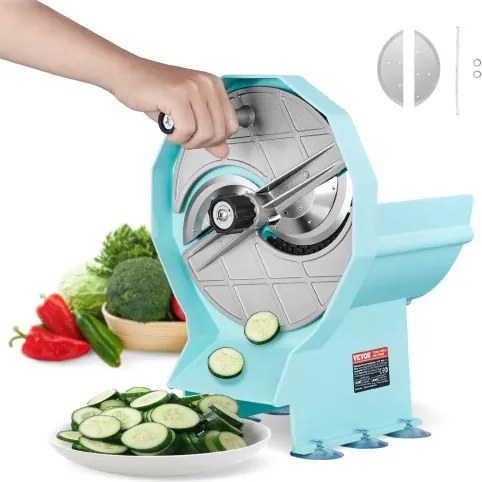 VEVOR Handmatige groente- en fruitsnijder, dikte 0-12 mm, verstelbare commerciële snijmachine, dubbele invoeropeningen, voedselsnijder met roestvrijstalen mes voor komkommers, citroenen, tomaten