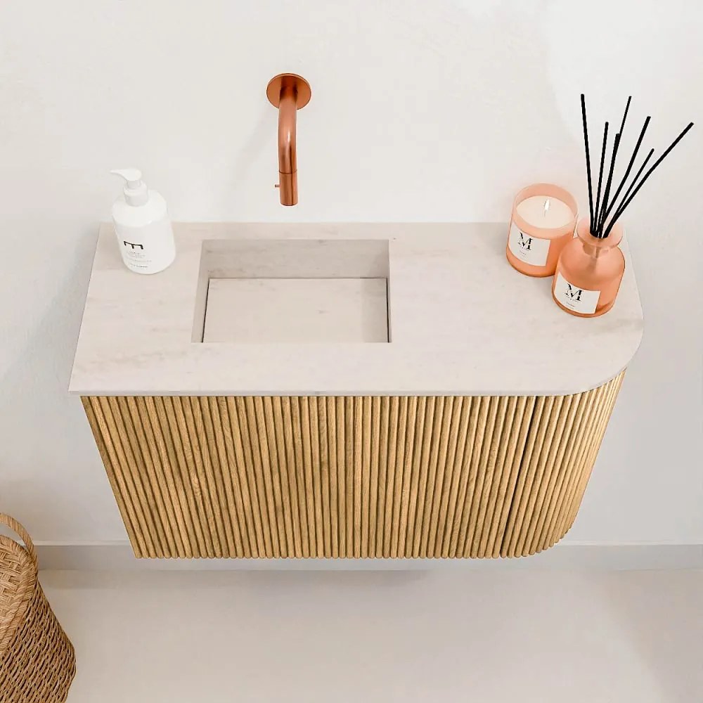 Mondiaz Joya DLux 60cm toiletmeubel ronding rechts oak met wastafel faye links zonder kraangat meli