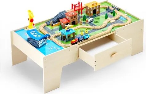 VEVOR Houten Activiteitentafel, 62-delige Kindertafel met Grote Lade, 3-in-1 Treinset om mee te Spelen, Schilderen, Lezen, Eten, Creatieve Speelgoedset voor Kinderen vanaf 3 Jaar