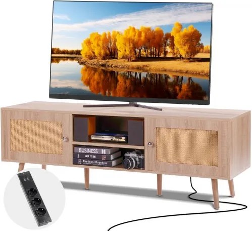 VEVOR Rotan TV-meubel, Retro TV-meubel voor 165 cm TV, Boho Rotan TV-meubel met ingebouwde stopcontact &amp; USB-poorten, Verstelbare planken voor Woonkamer, Mediaruimte, Eiken