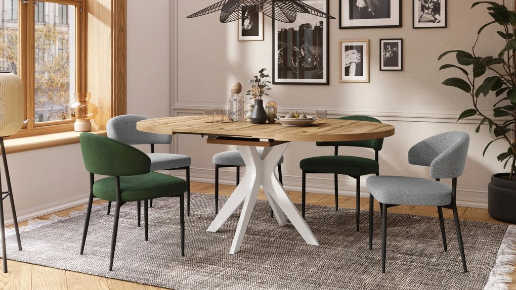 RENZO Wotan Eiken/witte poot - RONDE TAFEL Ø110 UITKLAPBAAR TOT 180 cm | VOOR DE KEUKEN EETKAMER WOONKAMER RETRO