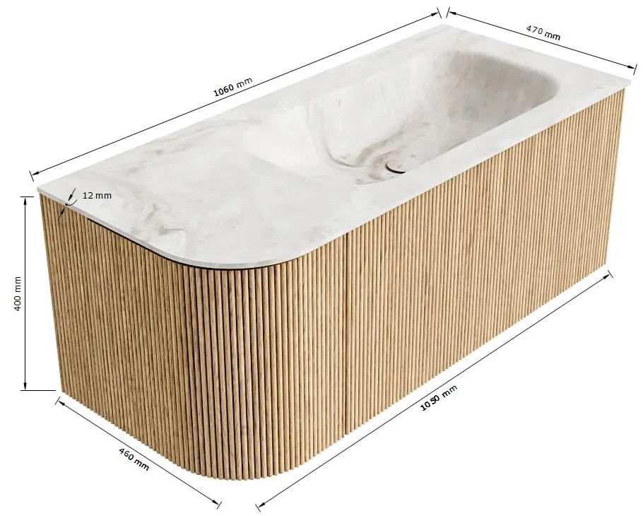 Mondiaz Kurve-dlux 105cm badmeubel ronding links shadow met 1 lade en deur en wastafel big small kraangat rechts glace