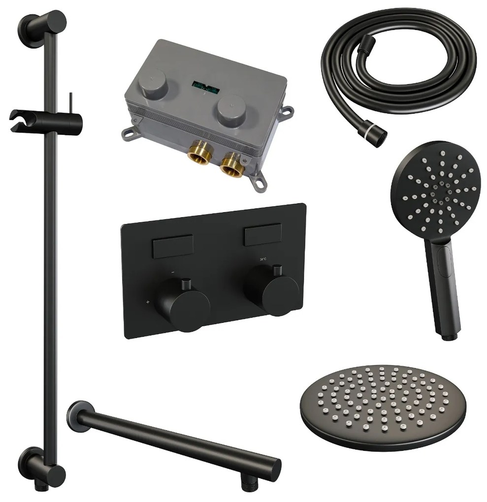 Brauer Black Edition thermostatische inbouw regendouche met 3 standen handdouche, rechte muurarm, glijstang en hoofddouche 20cm set 67 zwart mat