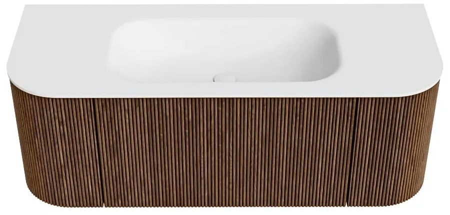 Mondiaz Kurve 120cm badmeubel ronding links/rechts walnut met 1 lade en 2 deuren en wastafel big small midden zonder kraangat
