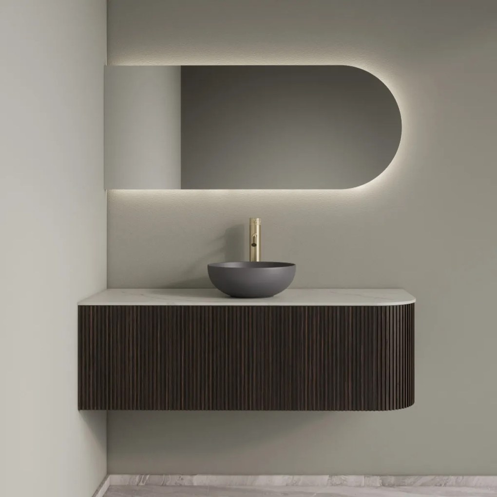 Gliss Design Alluro badmeubel ribbelfront met ronding rechts 120cm ebony en wit marmer toppaneel