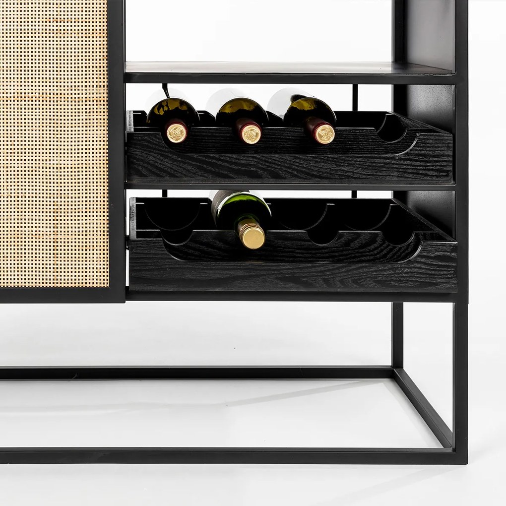 Wijnkast Japandi Zwart Met Rotan - 80x38x100cm.