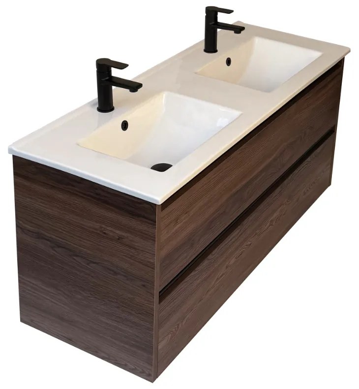 Sanicare Arda badkamermeubel 120cm nera oak met dubbele keramische wastafel wit