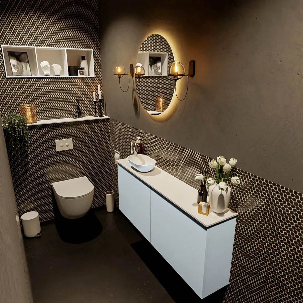 Mondiaz Fowy toiletmeubel 120cm clay met lichtgrijze waskom links en kraangat