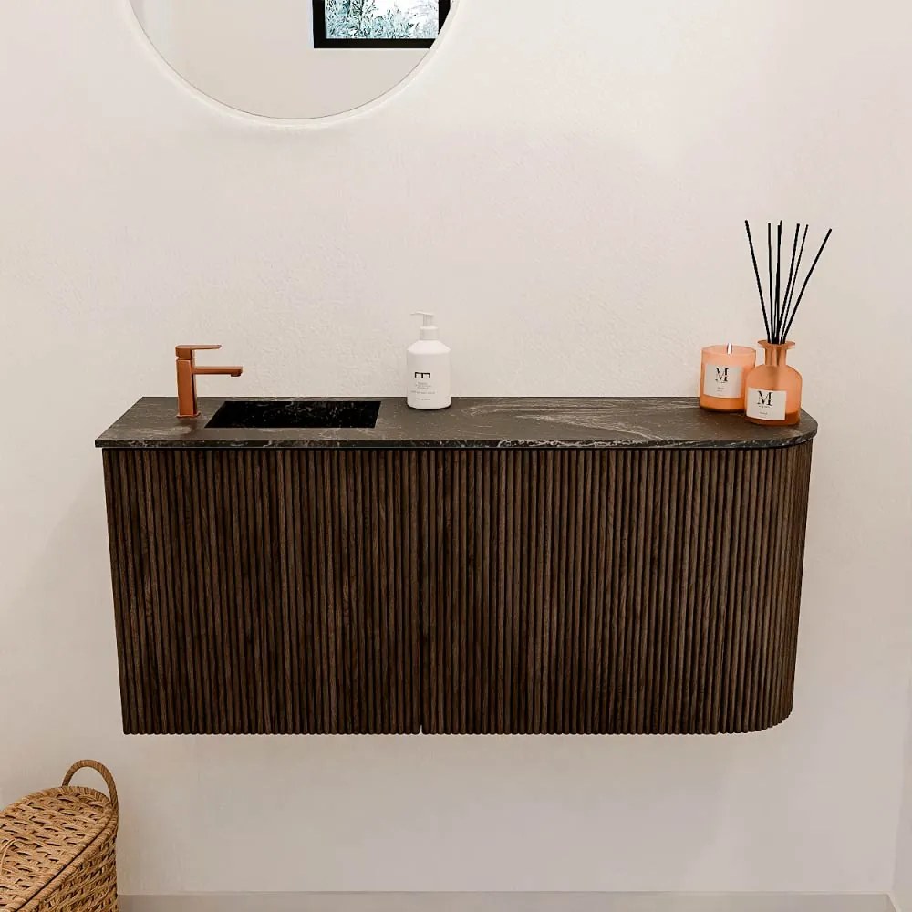 Mondiaz Joya DLux 90cm toiletmeubel ronding rechts walnut met wastafel faye links 1 kraangat lava