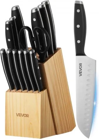 VEVOR Keukenmessenset met messenblok (hout) en slijpstaal, 15-delige messenset, messen van hoogwaardig roestvrij staal met hoog koolstofgehalte, keukengerei met ergonomische handgrepen en keukenschaar voor thuiskoks