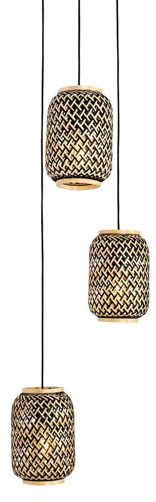 Oosterse hanglamp bamboe met zwart 3-lichts - YvonneOosters E27 rond Binnenverlichting Lamp