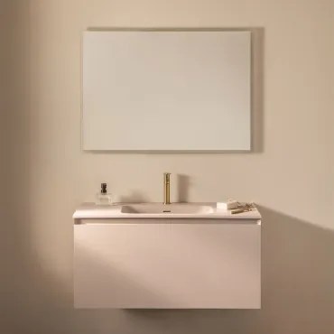 Macrae Houten Badkamermeubelset Met Geïntegreerde Wastafel Beige – Linnen & Rechthoekige Led En Anticondens 100x70 Cm Tamsin - Sklum
