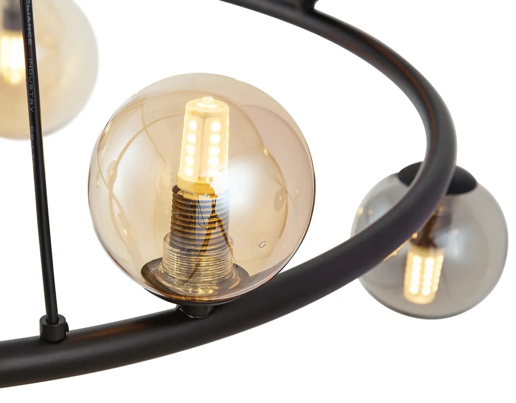 Hanglamp zwart met smoke en amber glas rond 8-lichts - Monaco