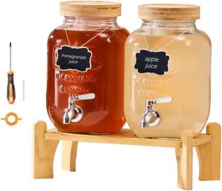 VEVOR Drankdispenser (2 x 3,8 L) voor Feesten Sapdispenser (gemaakt van glas) met druppelvrije kraan en houten standaard Waterdispenser voor restaurants, feesten, limonade, ijsthee, zelfgemaakte drankdispenser