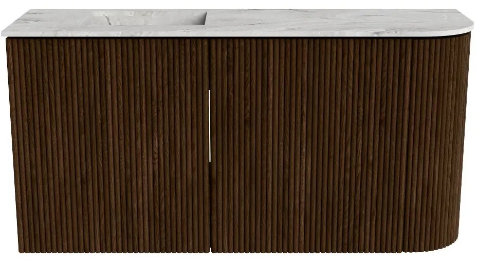 Mondiaz Joya DLux 80cm toiletmeubel ronding rechts walnut met wastafel faye links zonder kraangat glace