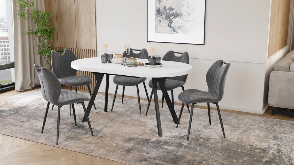 Mazzoni EXPANSO Wit mat / zwarte poten - OVALE UITSCHUIFTAFEL 160-360 cm VOOR 16-18 PERSONEN