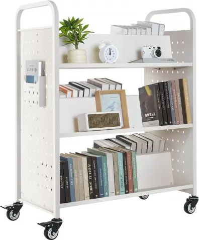 VEVOR Boekenwagen, draagvermogen 150 kg, Bibliotheekwagen, 97 x 51,5 x 122,5 cm, dubbelzijdige W-vormige boekenplank met dubbele remwielen, Boekenplankwagen voor woonkamer, kantoor, school, wit