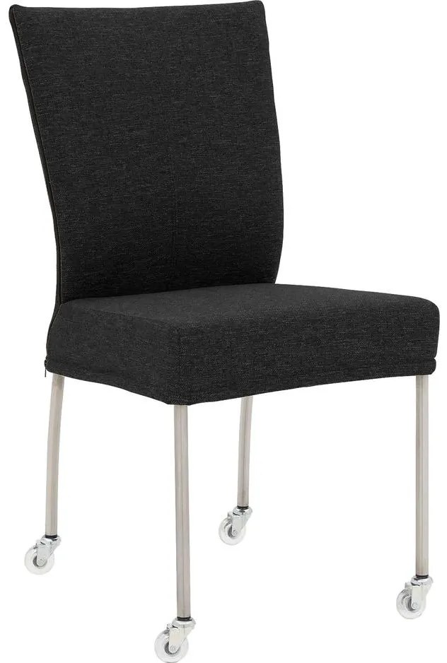 Goossens Eetkamerstoel Funk RVS Poten antraciet stof leuning en Transparant skater wiel met rvs kapmet wielen, modern design