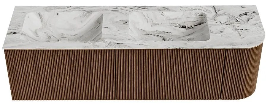 Mondiaz Kurve-dlux 155cm badmeubel ronding rechts walnut met 2 lades en 1 deur en wastafel leaf dubbel/links zonder kraangat glace