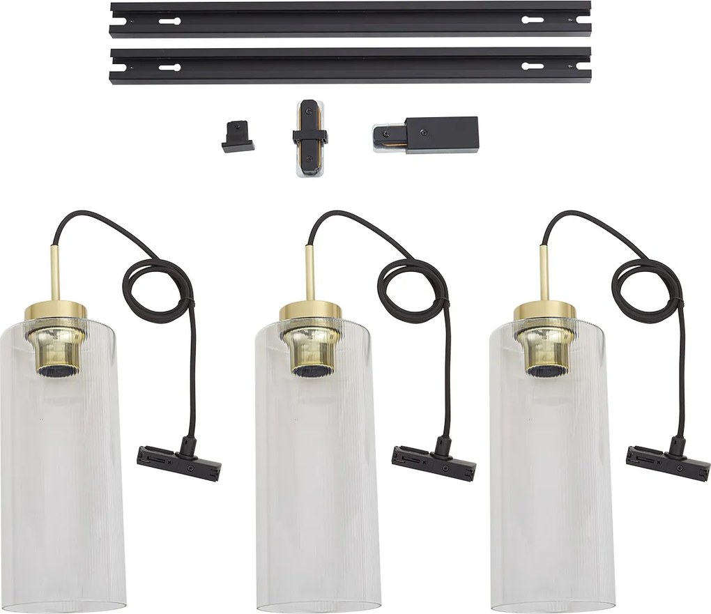 Modern railsysteem zwart met 3 hanglampen goud met helder glas 1-fase - Iconic Laura